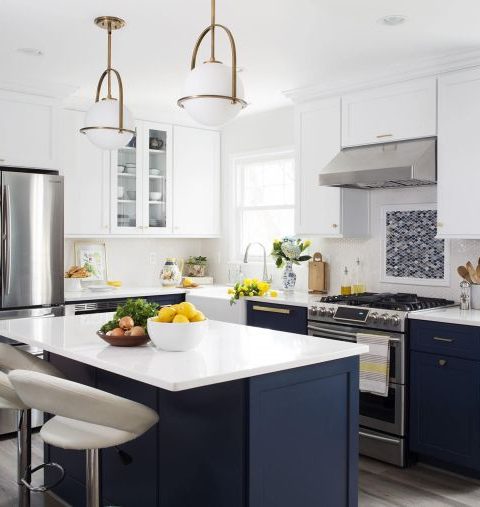 Navy blue and yellow kitchen decor