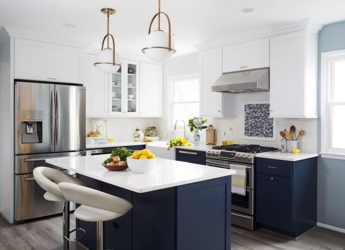 Navy blue and yellow kitchen decor