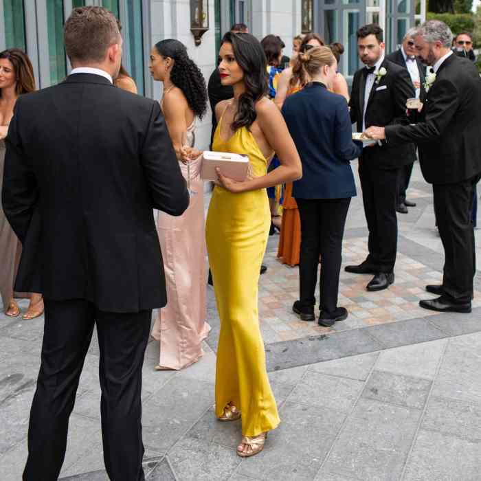 Yellow satin wedding guest dress