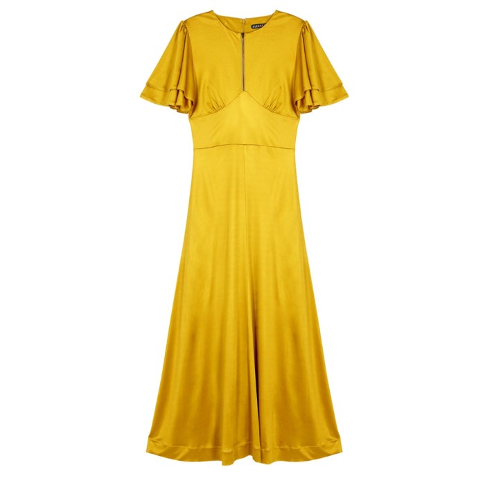 Yellow satin wedding guest dress