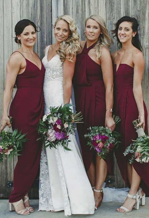 Burgundy and ivory wedding dress