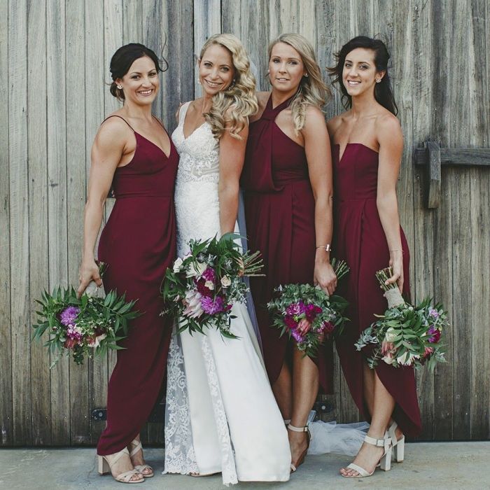 Burgundy and ivory wedding dress